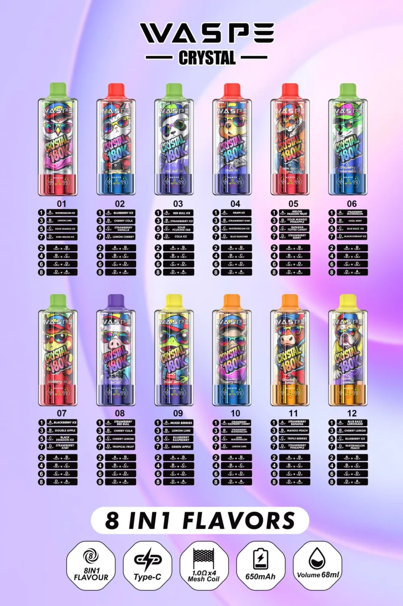 180k Vape Waspe Crystal 8 In 1 Flavors List Disposable Device