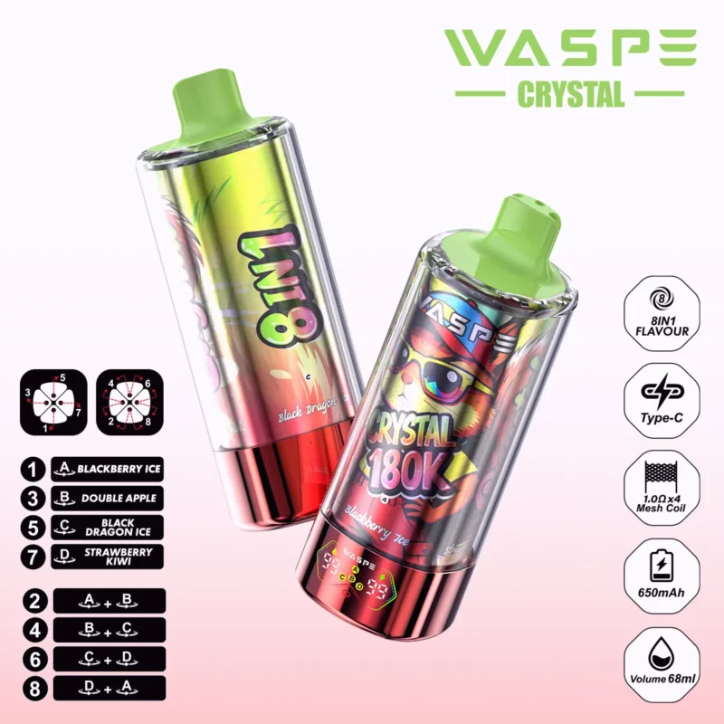 180k Vape Waspe Crystal 8 In 1 Flavors Einweg Blackberry Ice Double Apple Black Dragon Strawberry Kiwi 3 Disposable Devi