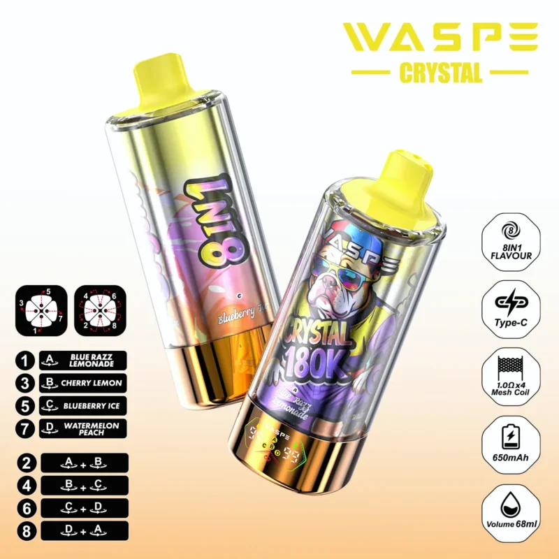 180k Vape Waspe Crystal 8 In 1 Flavors Einweg Blue Razzlemonade Cherry Lemon Blueberry Ice Watermelon Peach 2 Disposable