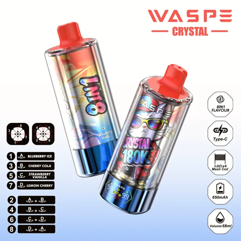 180k Vape Waspe Crystal 8 In 1 Flavors Einweg Blueberry Ice Cherry Cola Strawberry Vanilla Lemon 2 Disposable Device