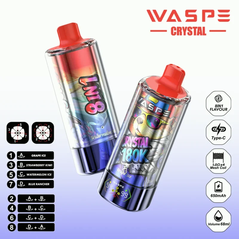 180k Vape Waspe Crystal 8 In 1 Flavors Einweg Grape Icestrawberry Kiwi Water Melon Ice Blue Rancher 3 Disposable Device