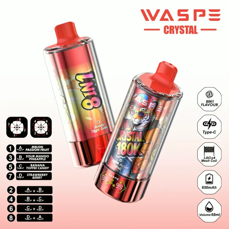 180k Vape Waspe Crystal 8 In 1 Flavors Einweg Melon Passion Fruit Sour Mango Pineapple Banana Toffee Candy Strawberryber detail