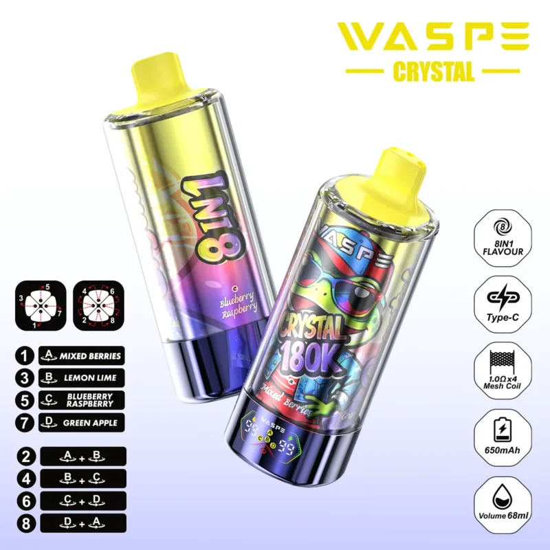 180k Vape Waspe Crystal 8 In 1 Flavors Einweg Mixed Berries Lemon Lime Blueberry Raspberry Green Apple 3 Disposable Devi