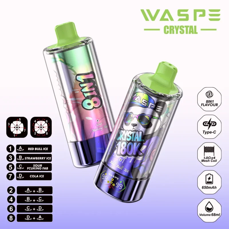 180k Vape Waspe Crystal 8 In 1 Flavors Einweg Red Bull Ice Strawberry Icesour Fcuking Fab Cola 3 Disposable Device