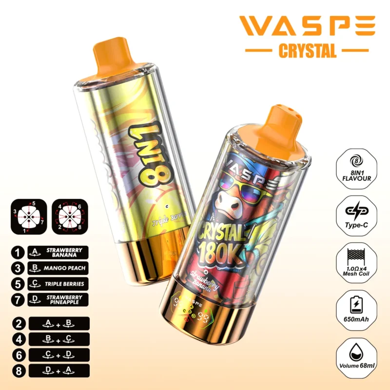 180k Vape Waspe Crystal 8 In 1 Flavors Einweg Strawberry Banana Mango Peach Triple Berries Pineapple 3 Disposable Device