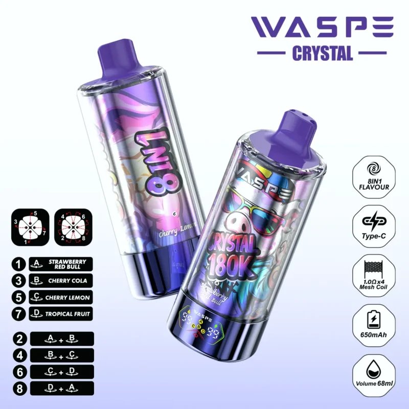 180k Vape Waspe Crystal 8 In 1 Flavors Einweg Strawberry Red Bull Cherry Cola Lemon Tropical Fruit 3 Disposable Device