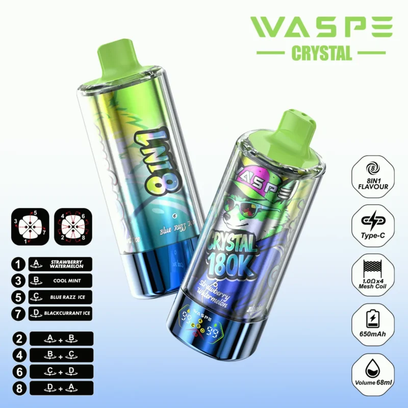 180k Vape Waspe Crystal 8 In 1 Flavors Einweg Strawberry Watermelon Cool Mintblue Razz Ice Blackcurrant 3 Disposable Dev