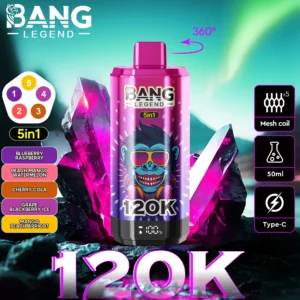 Puff 120k Bang Legend Disposable Vape: Blueberry, Raspberry, Peach, Mango, Watermelon, Cherry Coke, Grape, Blackberry, Ice, Apricot.jp