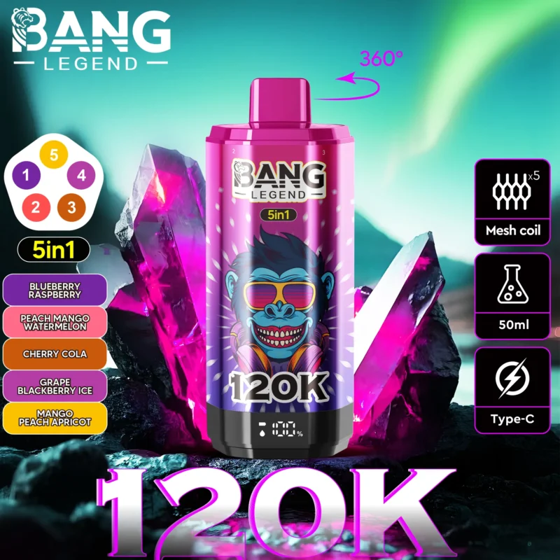Puff 120k Bang Legend Disposable Vape: Blueberry, Raspberry, Peach, Mango, Watermelon, Cherry Coke, Grape, Blackberry, Ice, Apricot.jp