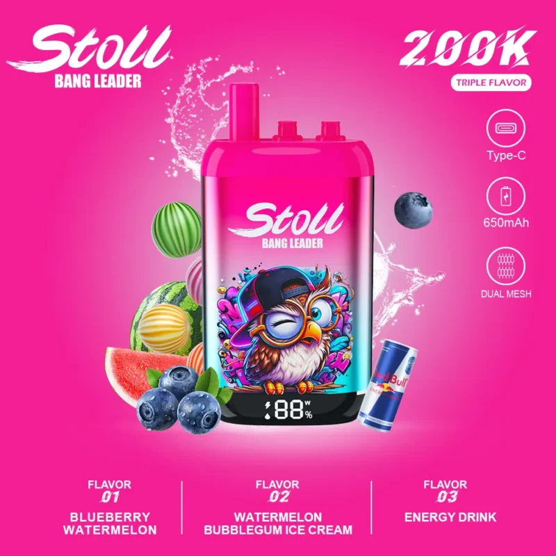 Stoll Bang Leader 200k Puffs Einweg Vape 3 In 1 Flavors Blueberry Watermelon Bubblegum Ice Cream Energy Drink Disposable detail