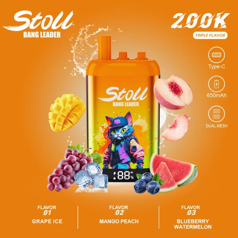 Stoll Bang Leader 200k Puffs Einweg Vape 3 In 1 Flavors Grape Ice Mango Peach Blueberry Watermelon Disposable Device detail