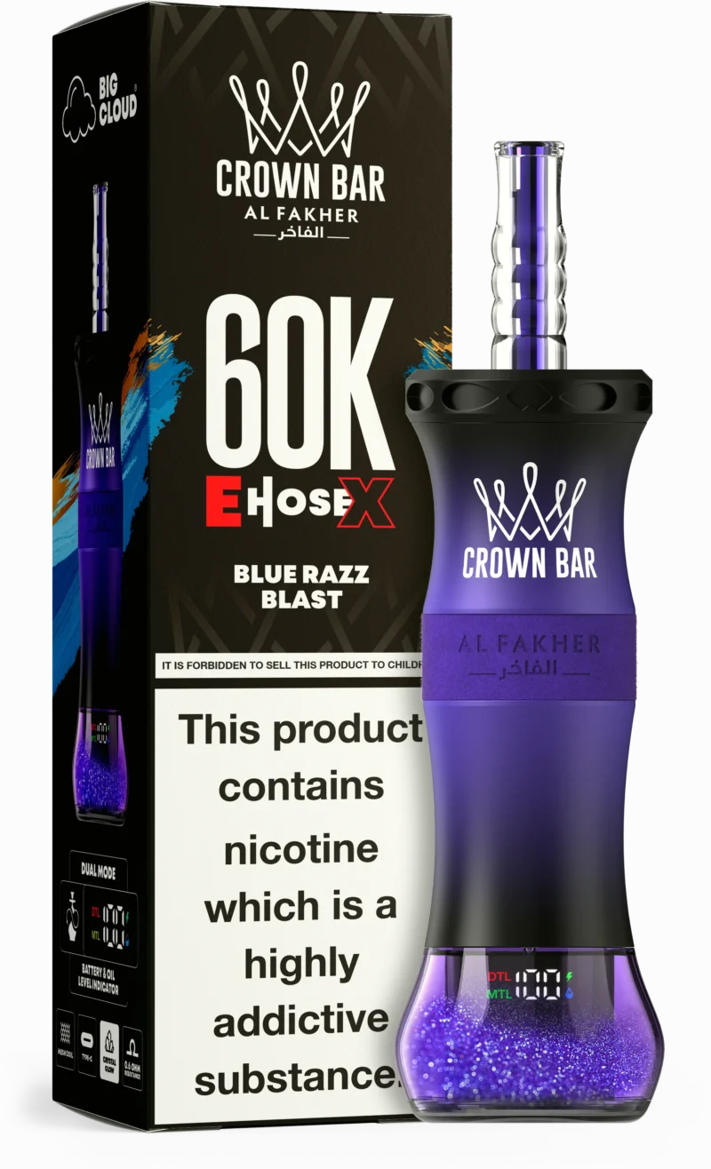 Al Fakher Crown Bar E Hose X 60,000 Puffs Disposable Vape Blue Razz Blast Disposable Device