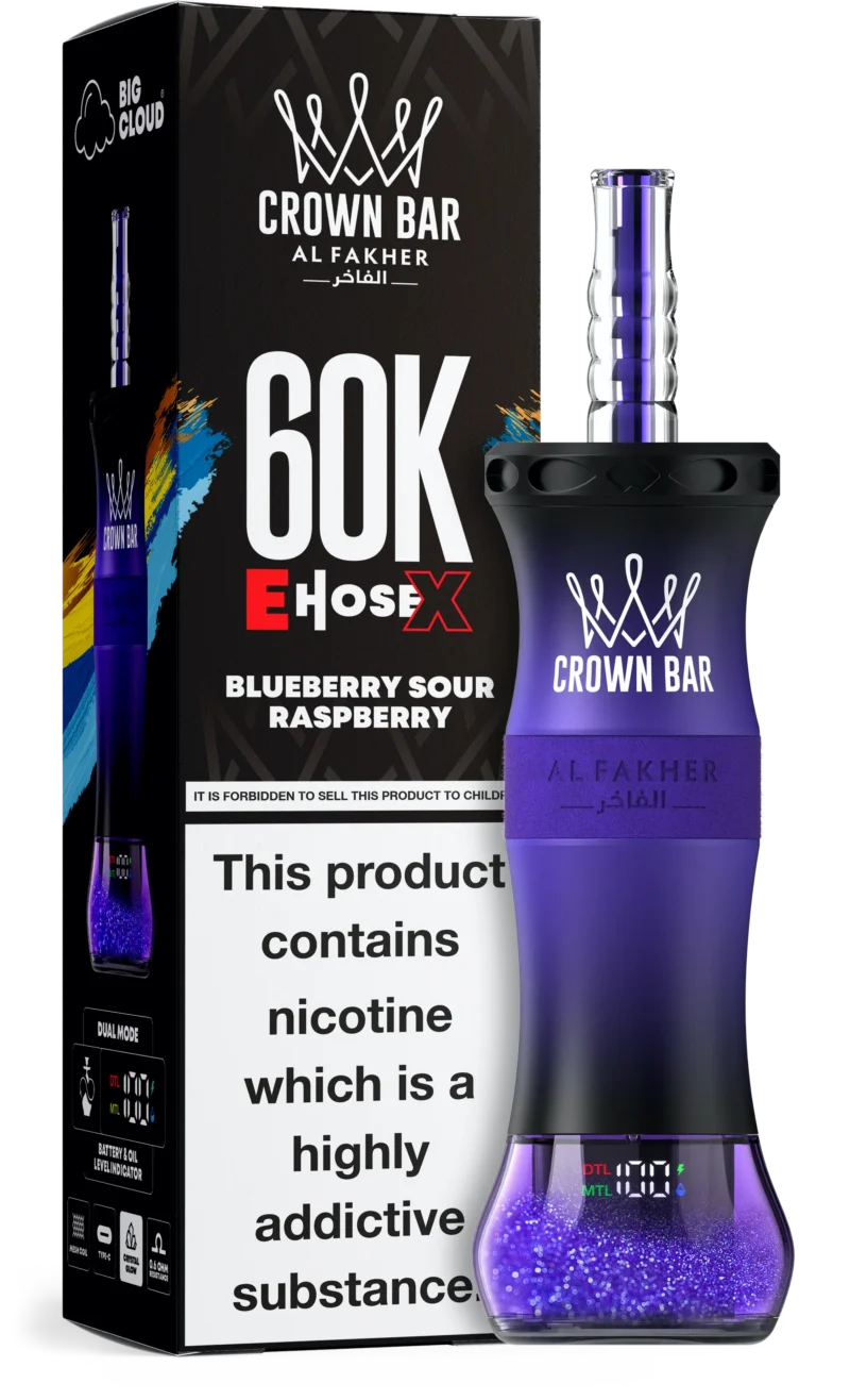 Al Fakher Crown Bar E Pipe X 60,000 Puffs Disposable Vape Blueberry Sour Raspberry Disposable Device
