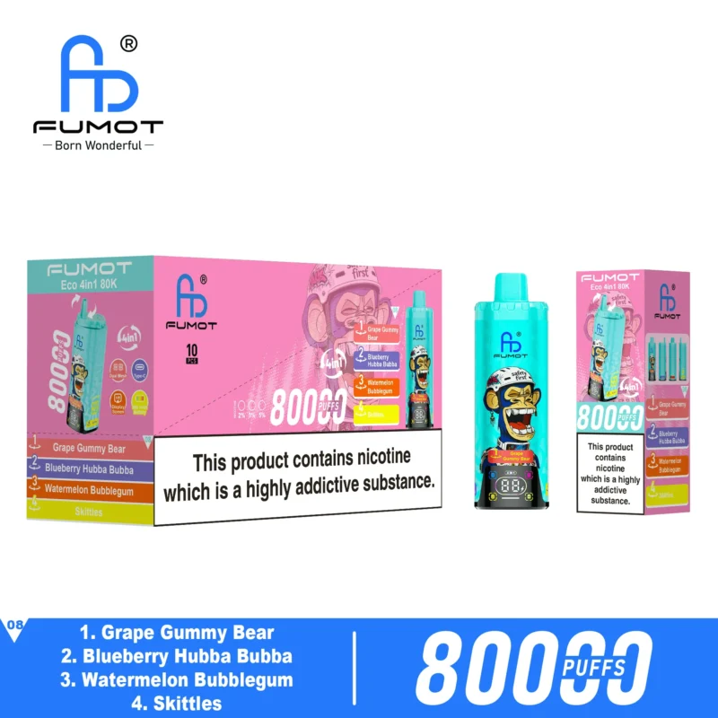 Fumot Eco 80k 80000k Puffs Einweg Vape Grape Gummy Bear Blueberry Hubba Bubba Watermelon Bubblegum Skittles